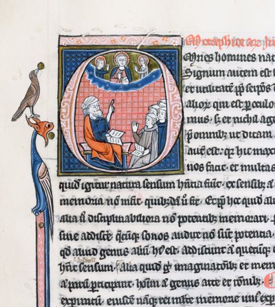 Ms 3458, historiierte Initiale O, die den antiken griechischen Philosophen Aristoteles zeigt, wie er einer Gruppe von Klerikern aus Westeuropa lehrt und nach oben zu Gott im Himmel zeigt (Feder & Tinte und Tempera) von French School