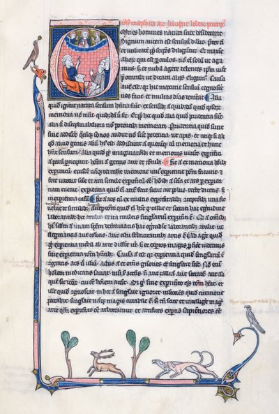 Ms 3458, historiierte Initiale O, die den antiken griechischen Philosophen Aristoteles zeigt, wie er einer Gruppe von Klerikern aus Westeuropa lehrt und nach oben zu Gott im Himmel zeigt (Feder & Tinte und Tempera) von French School
