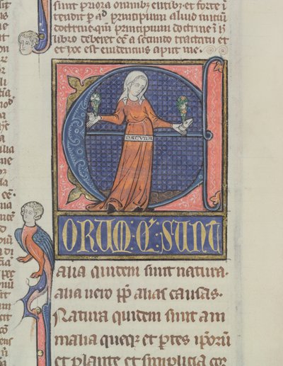 Historiierte Initiale E mit einer Darstellung der Natur, aus der Physik von Aristoteles (384-322 v. Chr.) von French School