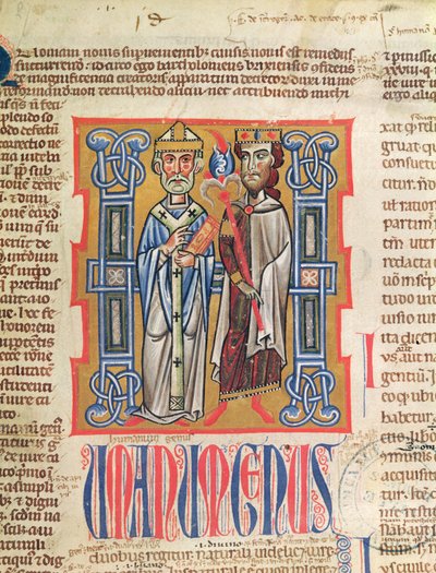 Ms 354 fol.9 Miniatur eines Bischofs und Königs aus dem Decretum Gratiani, 14. Jahrhundert von French School
