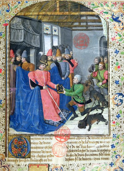 Ms 3717 Jäger überreicht dem Autor eine Kopie seines Traktats über die Jagd, aus dem Livre de la Chasse von Gaston Phebus de Foix (1331-91) von French School