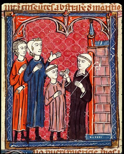 Ein Kind wird von seinen Eltern in ein Kloster gebracht, aus Decrets de Gratien von French School