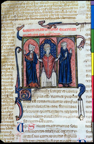 Ms 394, Illustration aus Digeste, die die Auflösung einer Ehe durch einen Bischof darstellt von French School