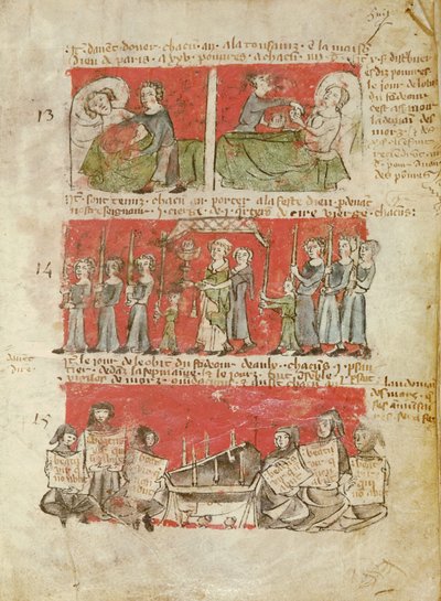 Szenen aus dem Leben der Studenten des College of Hubant oder der Ave Maria, aus den Statuten des College of Hubant, Paris, 1387 von French School