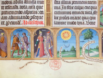 Ms 412 Stundenbuch mit Illustrationen von Pilgern, Juden, Sonne, Mond und Myrte von French School