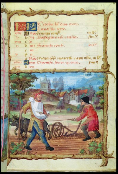 Der Monat Oktober: Pflügen und Säen, aus einem Stundenbuch, 1490 von French School