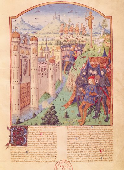 Die Werke von Virgil mit Kommentar von Servius, Die Bukolik, König auf seinem Thron umgeben von seinen Wachen vor einer befestigten Stadt, Frankreich, 1469 von French School