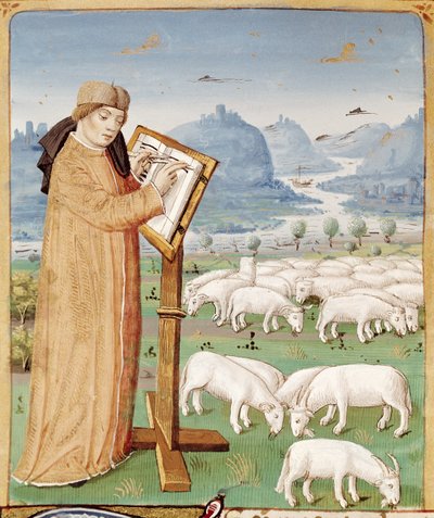 Ms 493 fol.37v Vergil schreibt in einem Feld mit Schafen und Ziegen, aus den Georgica von Vergil (70-19 v. Chr.) mit Kommentar von Servius, 1469 von French School