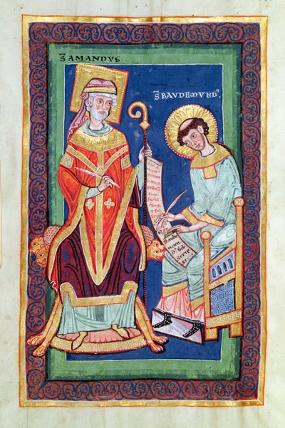 Ms 501 Fol.58 St. Amand gibt eine Schriftrolle an St. Baudemond zurück, aus dem Leben und den Wundern von St. Amand von St. Baudemond von French School