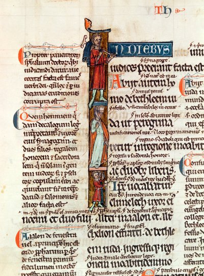 Ms 53 fol.29 Historisierte Initiale I, die Ruth mit ihrem Ehemann und Söhnen darstellt, aus dem Livre de Ruth von French School