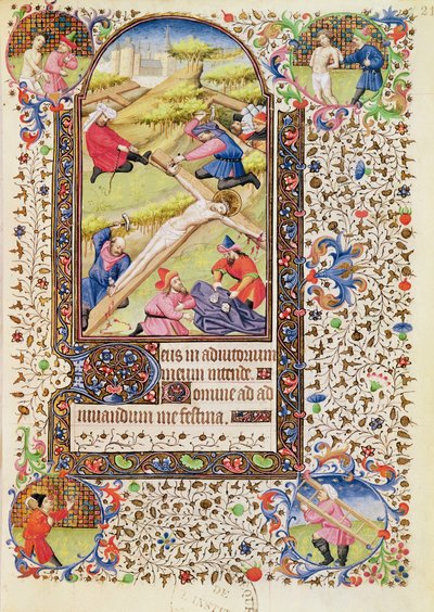 Ms 547 fol.21 Christus wird ans Kreuz genagelt, aus einem Stundenbuch einer Frau aus Poitiers von French School