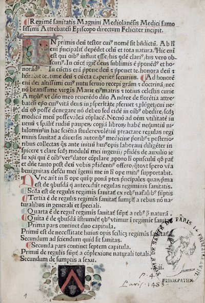 Erste Seite aus Regimen Sanitatis, 1483 von French School