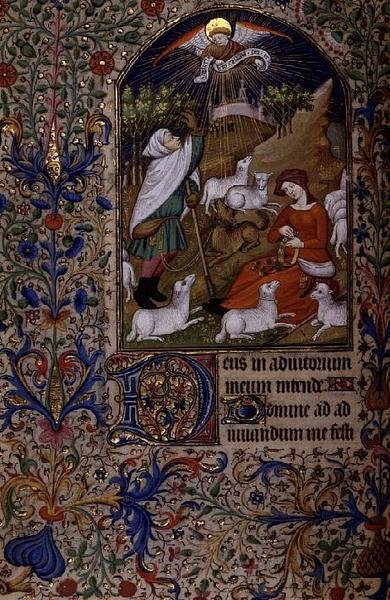Ms 63 f.60v Engel erscheint einem Schäfer, eine Frau sitzt und macht einen Kranz, aus einem Stundenbuch, ca. 1460 von French School
