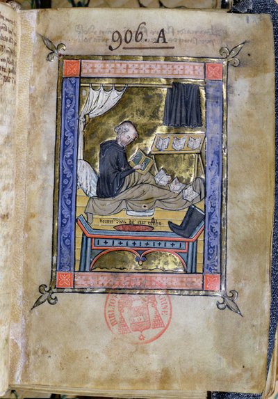 Ms 753 Fol.9 Mönch, der in seinem Bett schreibt, aus Flores Bernardi von Guillaume de Tournai von French School