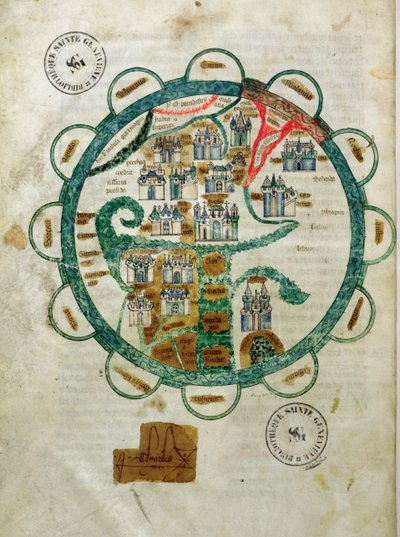 Ms 782 fol.16v. Weltkarte in Form eines Globus, Miniatur aus Grandes Chroniques de Philippe le Hardi von French School