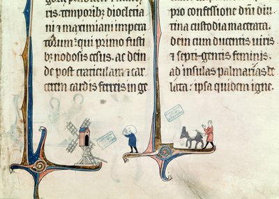 Ms 838 fol.55 Ein Mann, der seinen Esel mit Säcken Weizen zu einer Windmühle treibt, aus dem Obituaire de Notre Dame de Pres, nach 1270 von French School