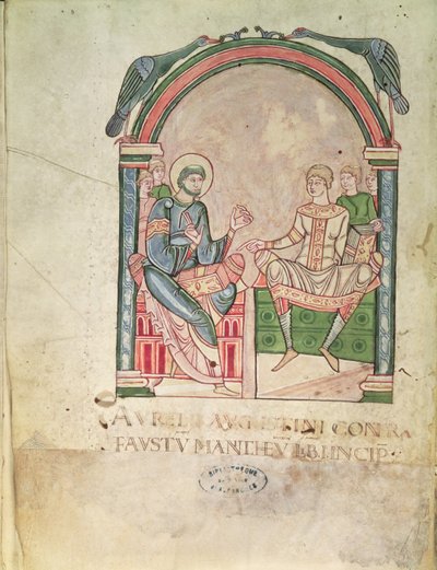 Ms 90 St. Augustinus streitet mit Faustus in Anwesenheit ihrer Schüler, Frontispiz aus Saint Augustin Contre Faustus von French School