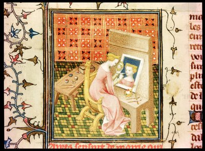 St. Marcia (gest. 632) malt ein Selbstporträt, aus De Claris Mulieribus, von Giovanni Boccaccio (1313-75) von French School