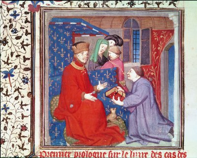 Ms Fr 131 f.1 Jean (1340-1416), Herzog von Berry, erhält ein Manuskript von Boccaccio, aus Cas des Nobles Hommes et Femmes von Giovanni Bocaccio von French School