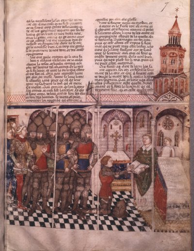 Ms Fr 343 fol. 7 Die Suche nach dem Heiligen Gral und Arthurs Tod, Ritter, der den Eid ablegt von French School
