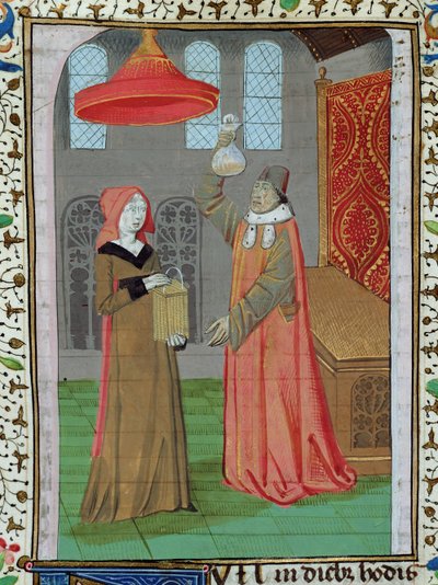 Ms H 7 fol.164r Ein Arzt untersucht den Urin der heiligen Elisabeth, um festzustellen, ob sie schwanger ist, aus der Bibel von Jean XXII von French School