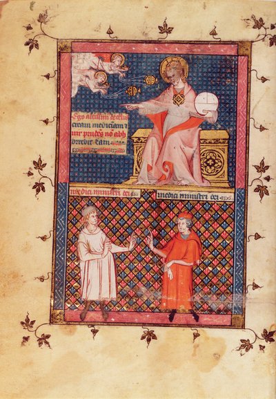 Gott erschafft Medizin und gibt Wissen an die Ärzte, aus dem Kanon der Medizin von Avicenna, übersetzt von Gerard de Cremone von French School