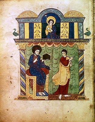 Ms Lat 8878 fol.1v Jesus überreicht das Evangelium an St. Matthäus, aus einem Kommentar zur Apokalypse des asturischen Mönchs Beatus von Liebana (ca. 776) ca. 1028-72 (Pergament) von French School