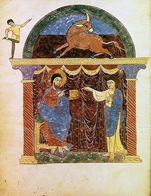 Jesus überreicht das Evangelium an den hl. Lukas, aus einem Kommentar zur Apokalypse des asturischen Mönchs Beatus von Liébana (c.776) c.1028-72 von French School