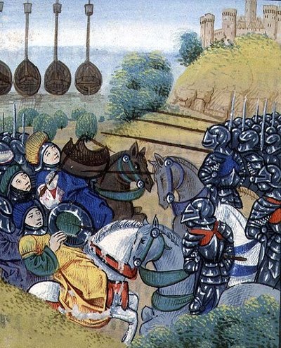 Ungarischer Sieg über die Türken mit der türkischen Flotte im Hintergrund, von Jean Chartrier, spätes 15. Jahrhundert, aus der 