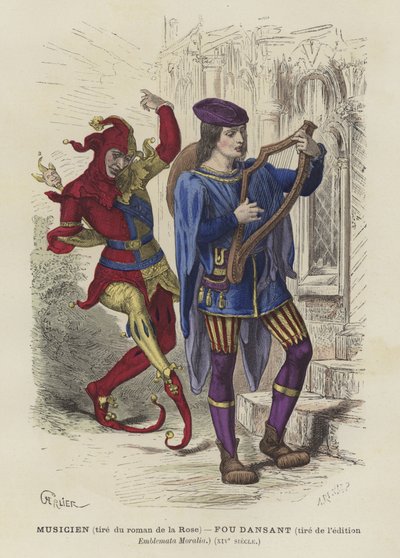 Musiker und tanzender Narr, 14. Jahrhundert von French School