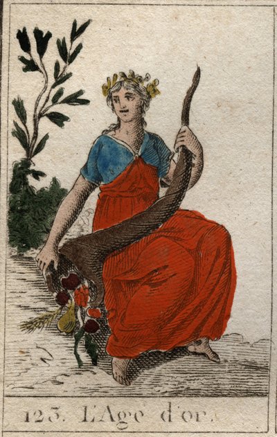 Mythos der Zeitalter der Menschheit: Darstellung des Goldenen Zeitalters, als junge Jungfrau mit vollkommener Schönheit, gekrönt mit Blumen und hält ein Füllhorn. Aus „Mythologie der Jugend“ von French School