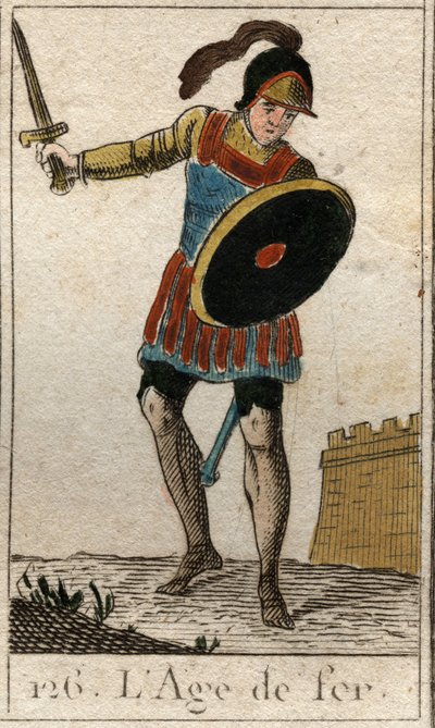 Mythos der Zeitalter der Menschheit: Darstellung des Eisernen Zeitalters als junger Mann mit Helm, Schwert und Schild. Aus „Mythologie der Jugend“ von Pierre Blanchard 1803 von French School