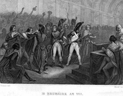 Napoleon Bonapartes Staatsstreich am 18. Brumaire Jahr VIII (1799) im Saal des Rates der Fünfhundert von Saint Cloud - in „Revolution francaise“ von Thiers. 19. Jahrhundert von French School
