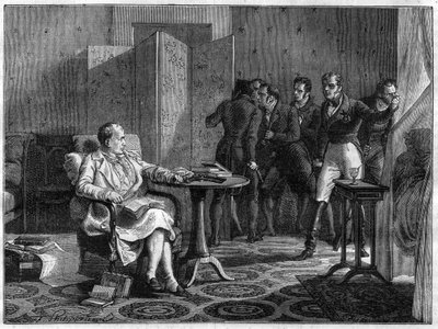 Napoleon I. auf St. Helena im Oktober 1818 entschlossen, sich mit Waffengewalt gegen den Versuch von Hudson Lowe, britischer General, die Tür zu erzwingen, zu wehren - in „Histoire de l