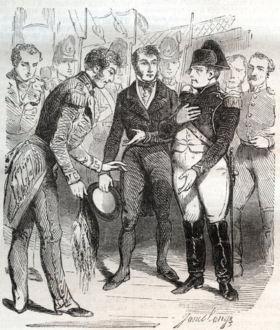 Napoleon vertraut auf den britischen Glauben - Napoleon Bonaparte besteigt das britische Schiff Bellerophon, das ihn am 14. Juli 1815 ins Exil nach St. Helena bringen wird von French School