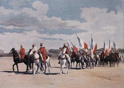 Einheimische Spahis gehen zu einer Fantasie in großer Pracht, entfaltete Banner - in „Militäralbum“ - Spahis von French School