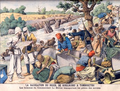 Navigation auf dem Fluss Niger zwischen Koulikoro und Timbuktu. Eine Expedition unter dem Kommando von Kommandant Le Blevec transportiert Boote in Abschnitten um Stromschnellen herum. Die Navigation des Niger, von Koulikoro nach Timbuktu. Die Männer von Ko von French School