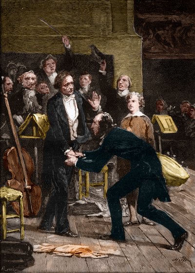 Niccolo Paganini und Hector Berlioz nach einer fantastischen Aufführung einer Symphonie von French School