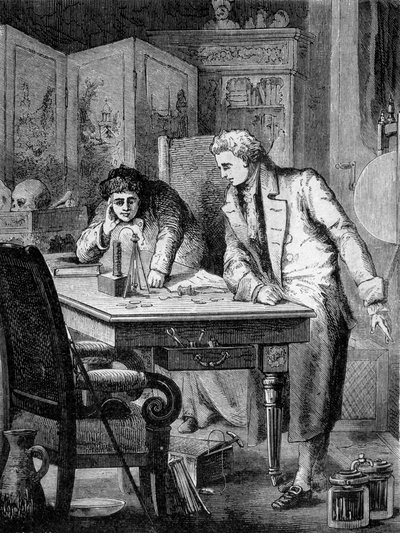 Nicholson und Carlisle in London, zersetzen Wasser mit der Voltasäule (Säule von Alessandro Volta), 2. Mai von French School