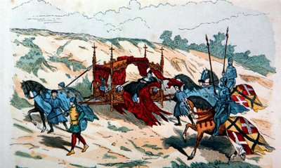 Adliger wird im 14. Jahrhundert in Europa von Gefolgsleuten in einer Sänfte getragen (Farblithografie) von French School