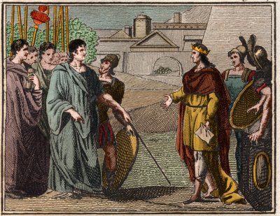 Numa Pompilius, legendärer zweiter König von Rom, gibt den heiligen Schild an die Priester des Mars zurück von French School
