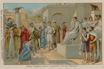 Numa Pompilius, zweiter König von Rom (753-673 v. Chr.), erlässt die ersten römischen Gesetze von French School