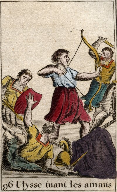 Odyssee von Homer: Odysseus tötet die Freier von Penelope bei seiner Rückkehr nach Ithaka. Aus „Mythologie der Jugend“ von Pierre Blanchard 1803. von French School
