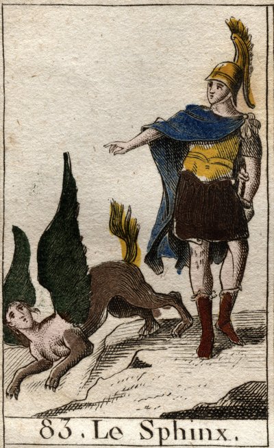 Ödipus löst das Rätsel der Sphinx, die sich von ihrem hohen Felsen stürzt. Aus „Mythologie de la jeunesse“ von Pierre Blanchard 1803. von French School