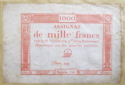 Eintausend-Franc-Banknote, 1795 (Tinte auf Papier) von French School