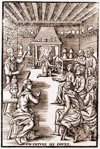 Eröffnung des Kurses der transmutatorischen Chemie - Gravur von 1653 in „LE VRAY ET METHOD COURSES DE PHYSICS RESOLUTIVE“ von Annibal Barlet von French School