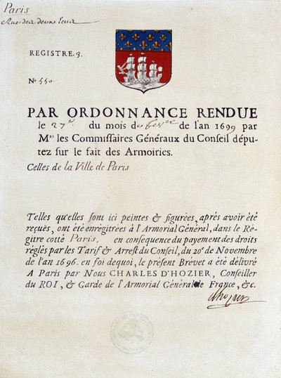 Verordnung zur Festlegung der Wappen der Stadt Paris, 27. Februar von French School