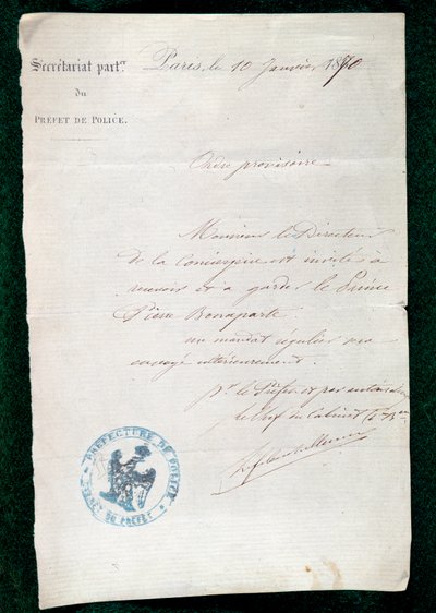 Inhaftierungsbefehl an den Concierge von Prinz Pierre Bonaparte (1815-1881) am 10. Januar von French School