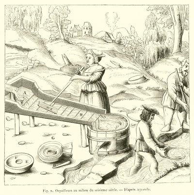 Goldwäscher im 16. Jahrhundert (Gravur) von French School