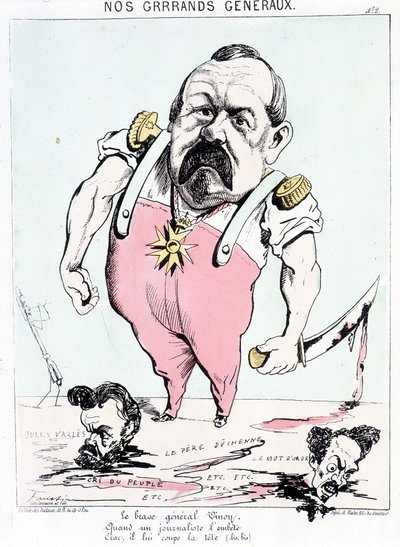 Unsere großen Generäle: der tapfere General Vinoy, wenn ihn ein Journalist stört, zack, er schlägt ihm den Kopf ab. Karikatur über Vinoy und die Kommune. von French School